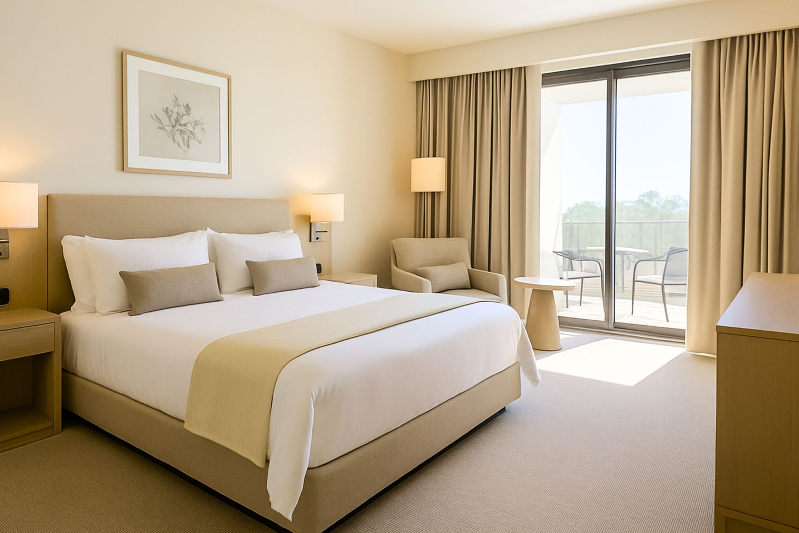 A bright modern hotel room with a king-size bed, neutral light décor, balcony seating, and large windows, perfect for peak season travel stays and luxury accommodation.
