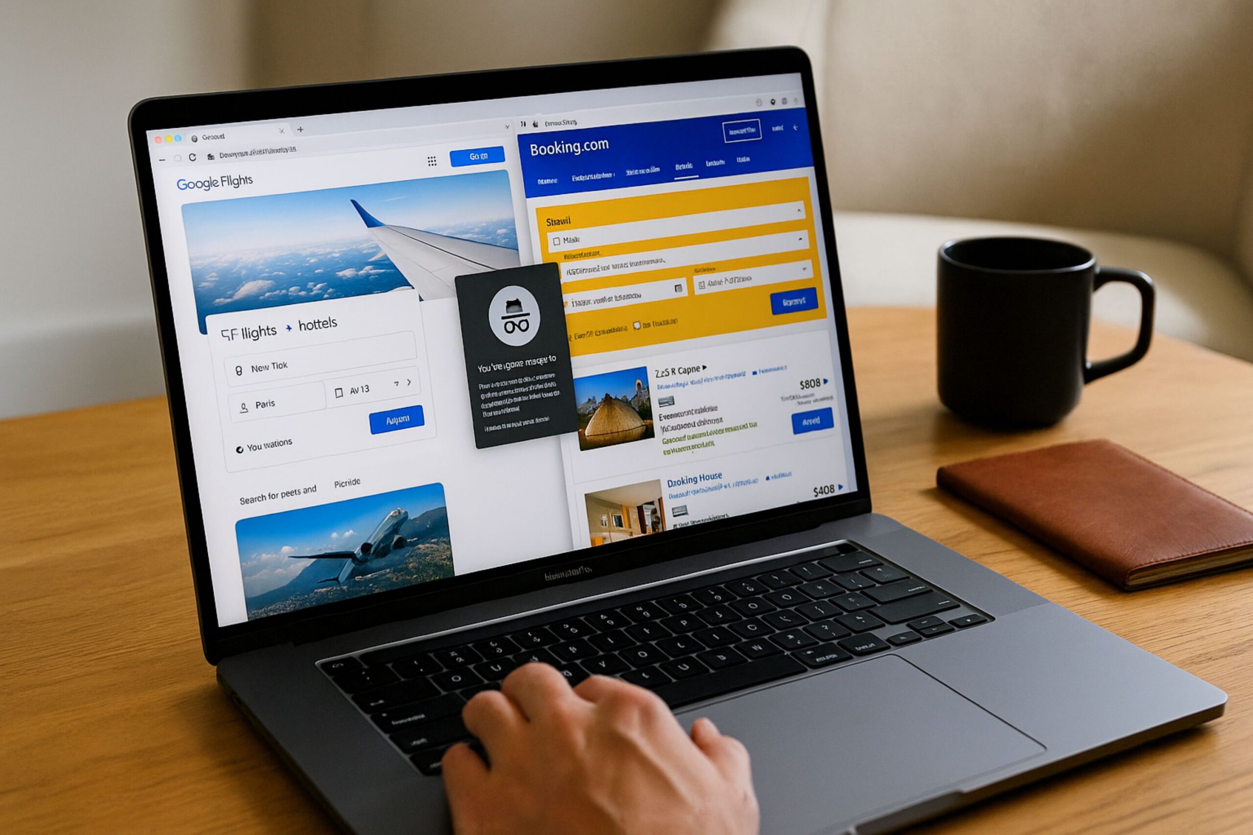 Person using incognito mode on a MacBook to search for flights and hotels; Google Flights and Booking.com are open on the screen, showing New York to Paris route and hotel listings, illustrating dynamic pricing during private browsing.